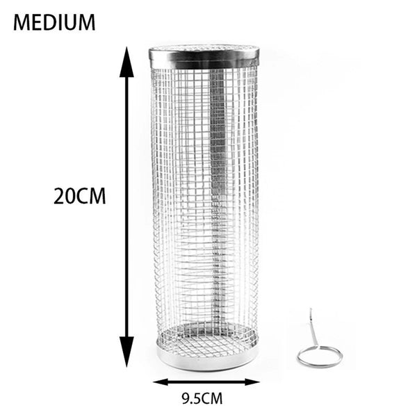 BBQ Basket Stainless Steel Rolling Grilling Basket Wire Mesh Cylinder Grill Basket Portable round Outdoor Camping Barbecue Rack