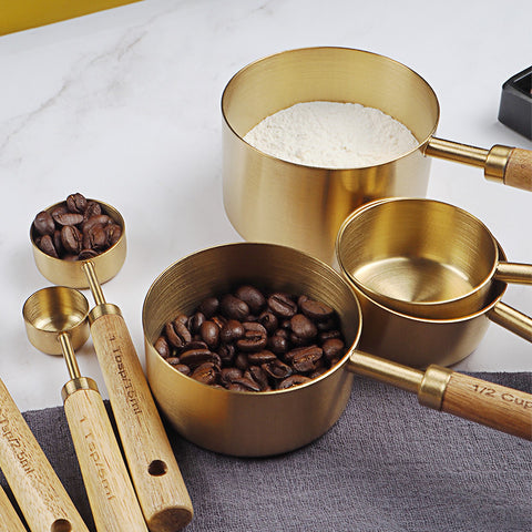 Gold Stainless Steel Measuring Cups & Spoons with Wooden Handle