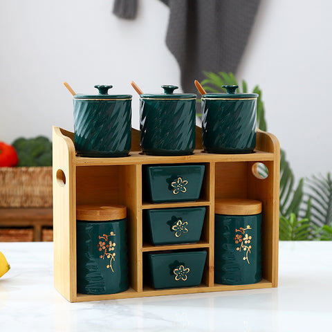 Ceramic Spice Jar Set with Bamboo Rack – Elegant Kitchen Storage Organizer