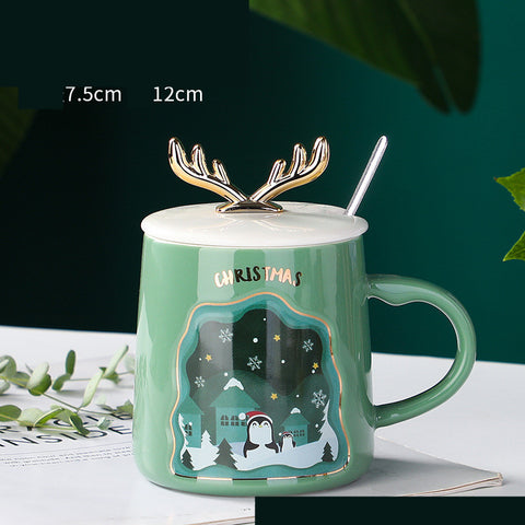 Christmas Antler Ceramic Mug 400ml – Festive Coffee Cup with Lid & Spoon
