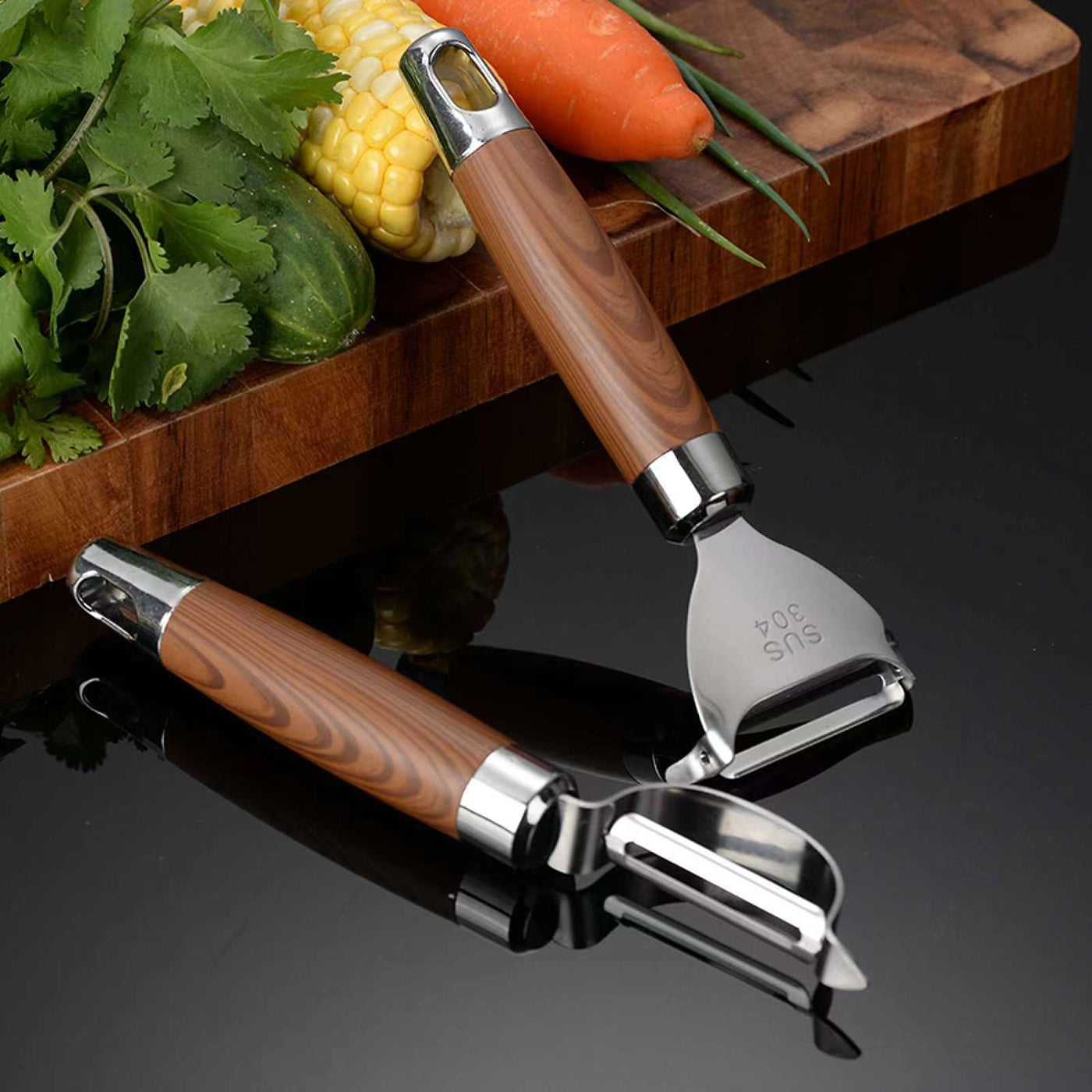Faster Prep Stainless Peeler · Wood Handle