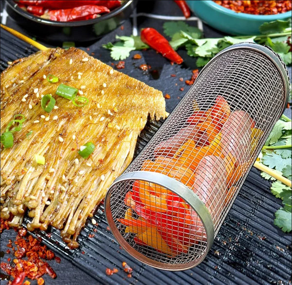 BBQ Basket Stainless Steel Rolling Grilling Basket Wire Mesh Cylinder Grill Basket Portable round Outdoor Camping Barbecue Rack