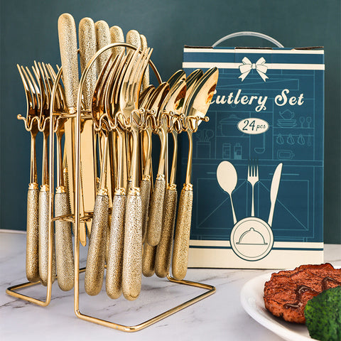 24-Piece Stainless Steel Cutlery Set with Luxury Textured Handles & Gift Box