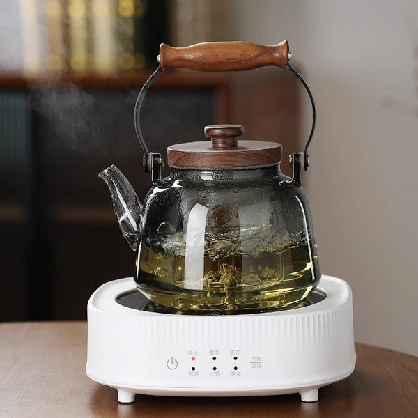 Wudy Kitchen — Heat-Resistant Glass Teapot – Wooden Handle in Transparent & Smoky Gray