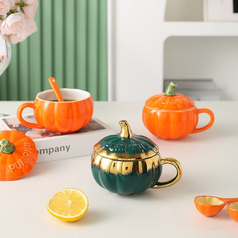 Pumpkin Ceramic Mug – 320 ml, Gold-Accent (With/Without Lid)