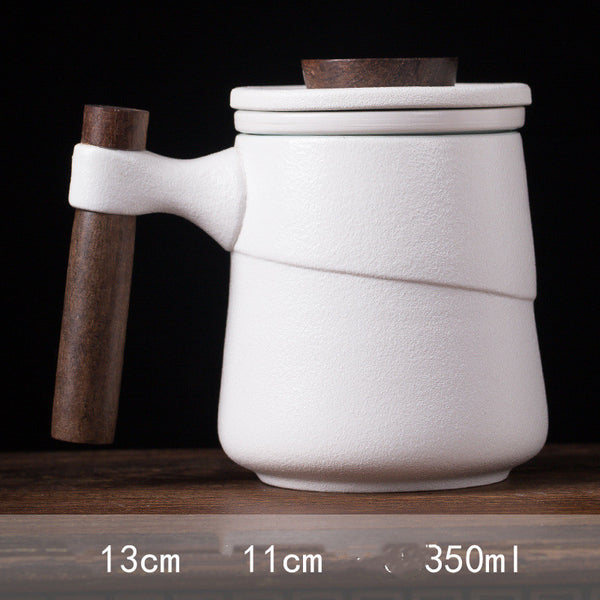 Wudy Kitchen Wudy Ceramic Wooden Handle Tea Cup — black ceramic, wooden handle detail — top-down view with context