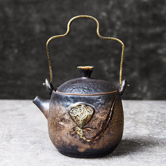Wudy Japanese Stoneware Teapot | Lotus Motif & Brass Handle