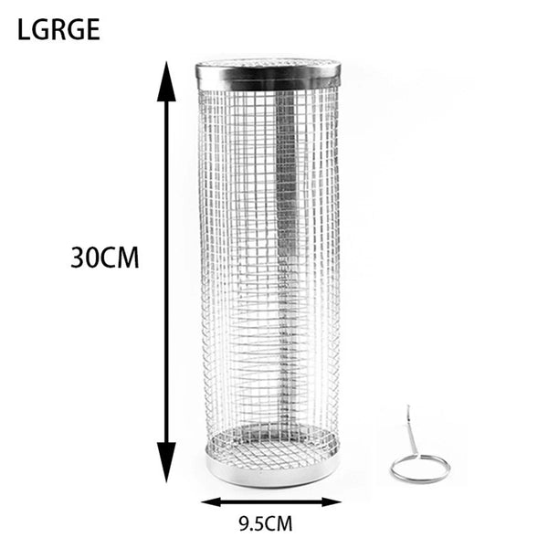 BBQ Basket Stainless Steel Rolling Grilling Basket Wire Mesh Cylinder Grill Basket Portable round Outdoor Camping Barbecue Rack