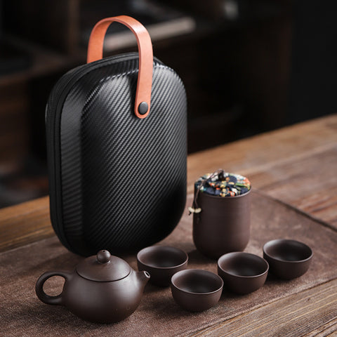 Portable Purple Sand Travel Tea Set (1 Pot + 4 Cups)