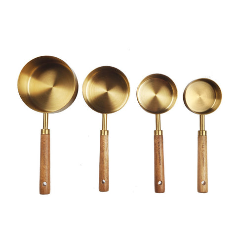 Gold Stainless Steel Measuring Cups & Spoons with Wooden Handle
