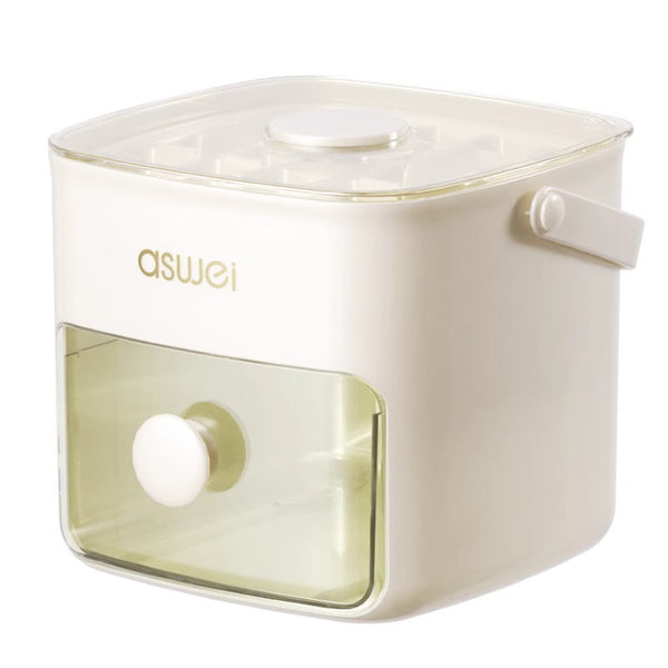 Wudy Kitchen Wudy Press Ice Cube Maker — food-grade silicone, BPA-free — close-up detail on walnut surface