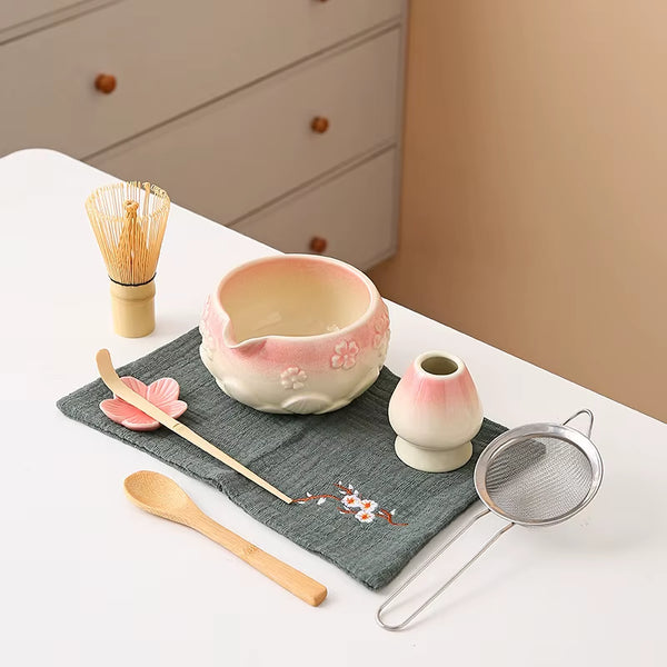 8Pcs Cherry Blossom White Matcha Bowl with Matcha Whisk Set, Japanese Tea Set Includes Matcha Bowl with Spout