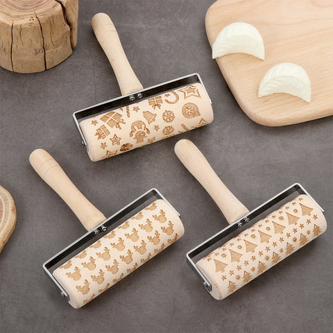 Embossed Wooden Rolling Pin – Christmas Pattern Dough Roller