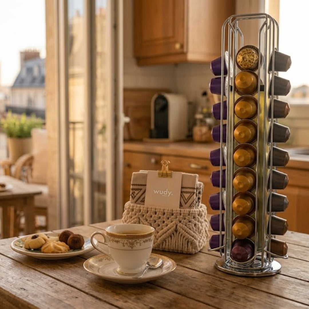 Silver 40Pcs Nespresso Capsule Holder Rotating Stand 360 Degree Rotatable Shelf Caffee Organiser for Storage for Coffee Capsules