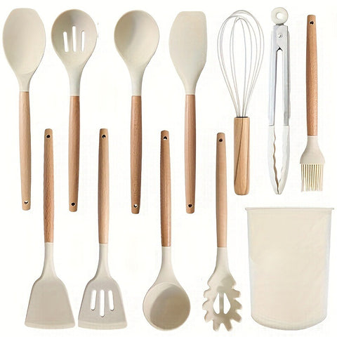 Heat-Resistant Wooden Handle Silicone Kitchenware Set