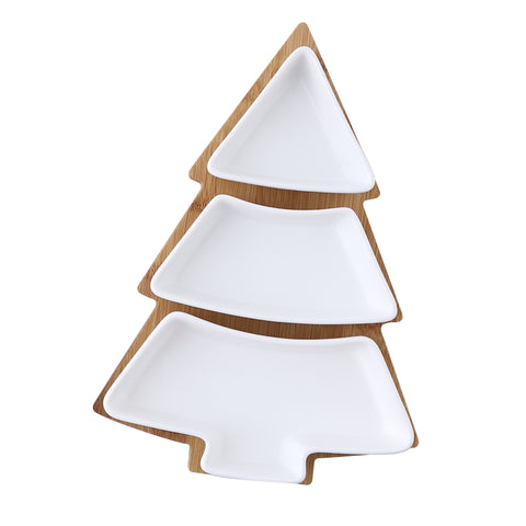 Creative Christmas Tree Ceramic Snack Plate with Bamboo Base