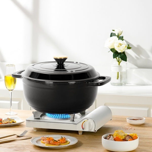 Wudy Kitchen — 6QT Cast Iron Dutch Oven With Lid - Black Enamel Cooking Pot For Stovetop, Oven, Camping - Includes 2 Silicone Heat-Resistant Gloves