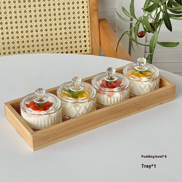 Wudy Kitchen Wudy Glass Dessert Cup Set — lead-free glass, Japanese pattern — hero view on marble countertop