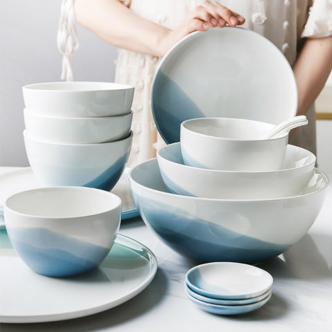 Nordic Fine Porcelain Dinnerware – Blue Gradient Bowls & Plates