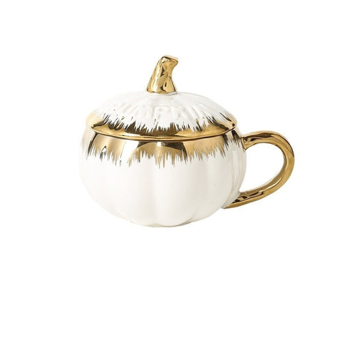 Pumpkin Ceramic Mug – 320 ml, Gold-Accent (With/Without Lid)
