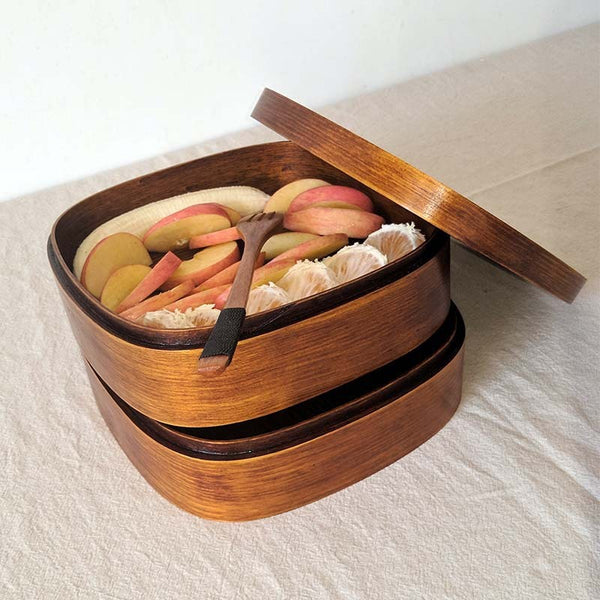 Wudy Kitchen Wudy Wooden Double Lunch Box — premium wood, double-tier compartment — 45-degree angle, studio light