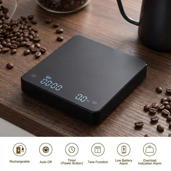 USB Digital Coffee Scale Rechargeable LED Screen 0.1G High Accuracy Kitchen Espresso Brewing Measuring Timer Scale
