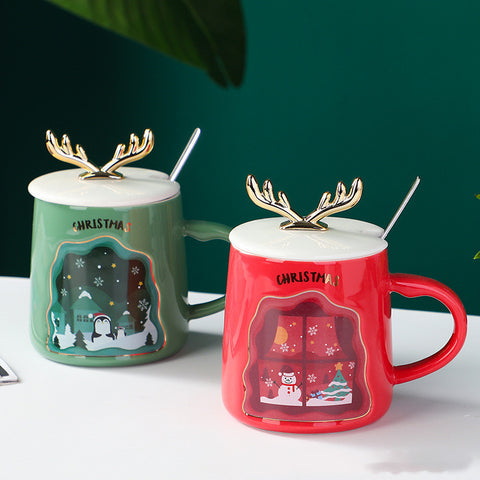 Christmas Antler Ceramic Mug 400ml – Festive Coffee Cup with Lid & Spoon