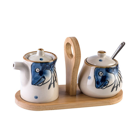 Ceramic Seasoning & Sauce Jar Set with Bamboo Base – Hand-Painted Design