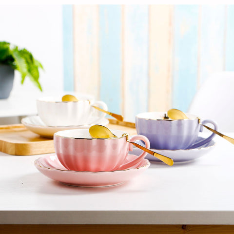 Porcelain Cup & Saucer Set – Scalloped Edge, Gold Rim