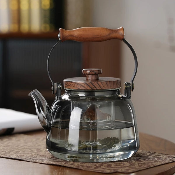 Wudy Kitchen — Heat-Resistant Glass Teapot – Wooden Handle in Transparent & Smoky Gray