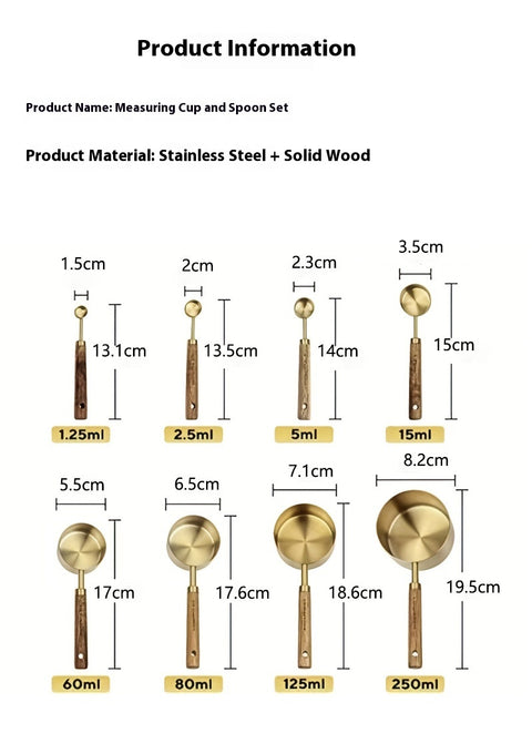Wudy 8-Piece Stainless Steel & Acacia Measuring Set | Professional Culinary Tools