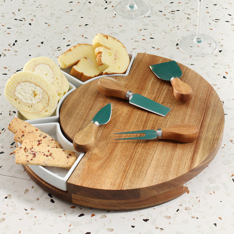 Premium Charcuterie Board with Ceramic Dishes and Hidden Knife Set