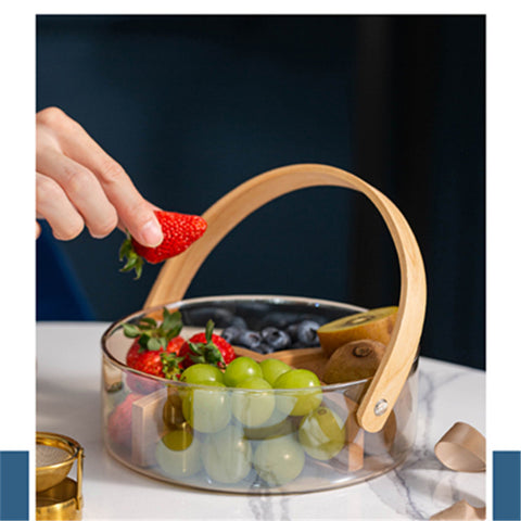 Nordic Glass Bowl with Bamboo Handle – Modern Transparent Serving Container