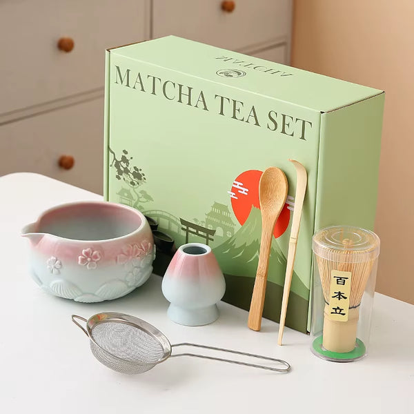 8Pcs Cherry Blossom White Matcha Bowl with Matcha Whisk Set, Japanese Tea Set Includes Matcha Bowl with Spout