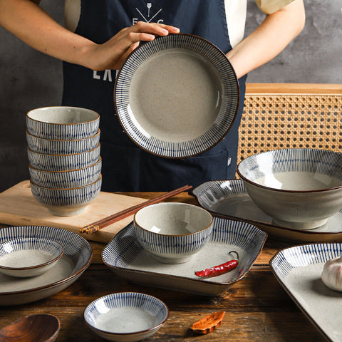 Premium Porcelain Dinnerware Set – Blue Stripe Edge Design