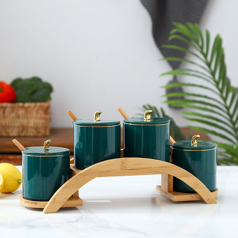 Ceramic Spice Jar Set with Bamboo Rack – Elegant Kitchen Storage Organizer