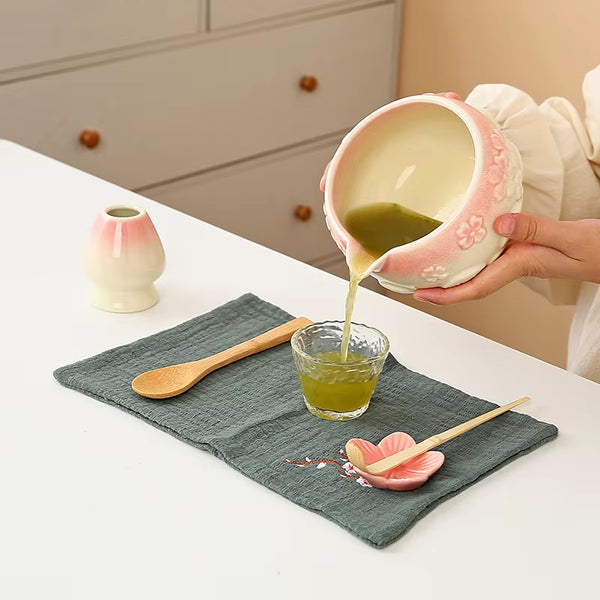 8Pcs Cherry Blossom White Matcha Bowl with Matcha Whisk Set, Japanese Tea Set Includes Matcha Bowl with Spout