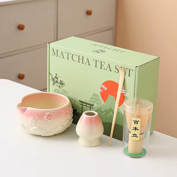 8Pcs Cherry Blossom White Matcha Bowl with Matcha Whisk Set, Japanese Tea Set Includes Matcha Bowl with Spout