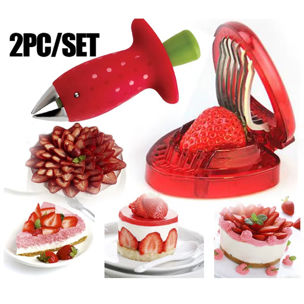 2Pc/ Set Kitchen Fruit Gadget Tools Strawberry Slicer Cutter Strawberry Corer Strawberry Huller Leaf Stem Remover