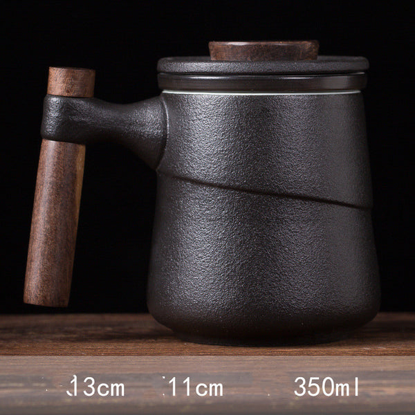 Wudy Kitchen Wudy Ceramic Wooden Handle Tea Cup — black ceramic, wooden handle detail — 45-degree angle, studio light