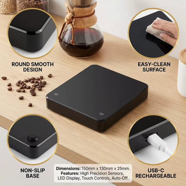 USB Digital Coffee Scale Rechargeable LED Screen 0.1G High Accuracy Kitchen Espresso Brewing Measuring Timer Scale