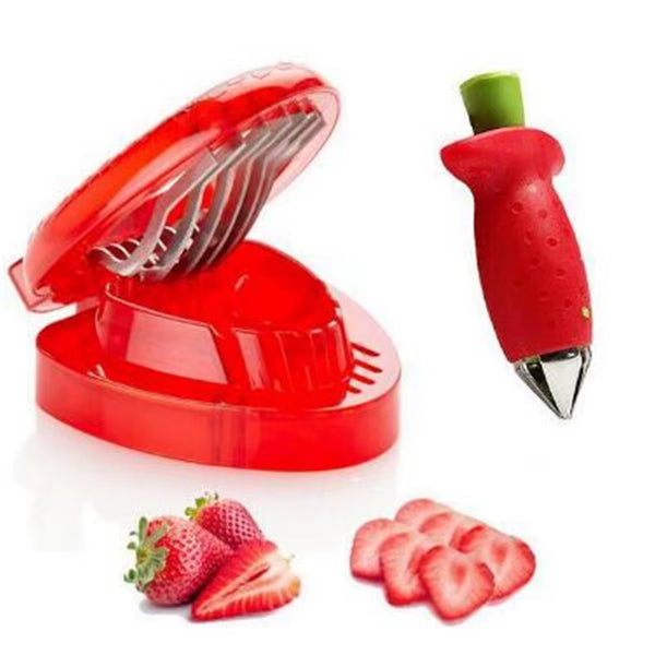 2Pc/ Set Kitchen Fruit Gadget Tools Strawberry Slicer Cutter Strawberry Corer Strawberry Huller Leaf Stem Remover
