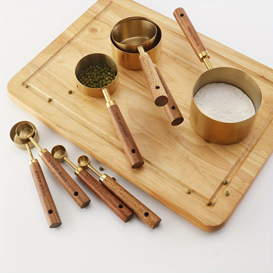 Wudy 8-Piece Stainless Steel & Acacia Measuring Set | Professional Culinary Tools