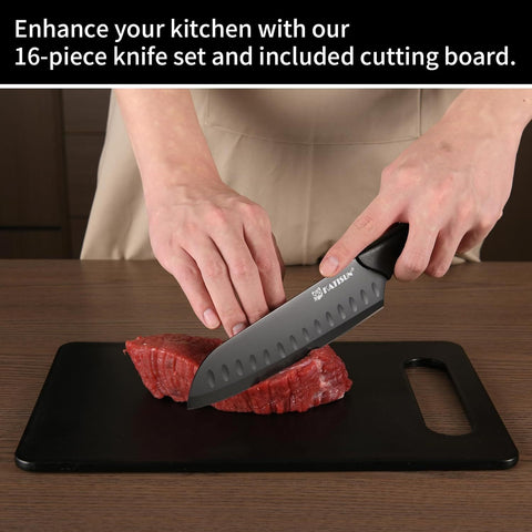 German Stainless Steel 16-Piece Knife Set with Sharpener & Board