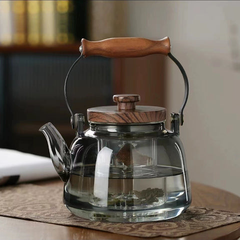 Heat-Resistant Glass Teapot – Wooden Handle in Transparent & Smoky Gray