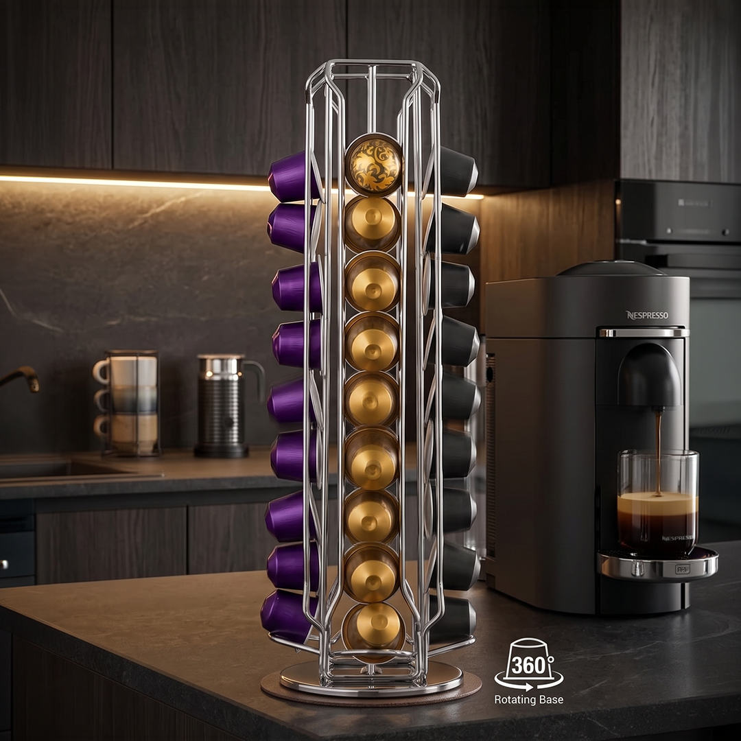 Silver 40Pcs Nespresso Capsule Holder Rotating Stand 360 Degree Rotatable Shelf Caffee Organiser for Storage for Coffee Capsules