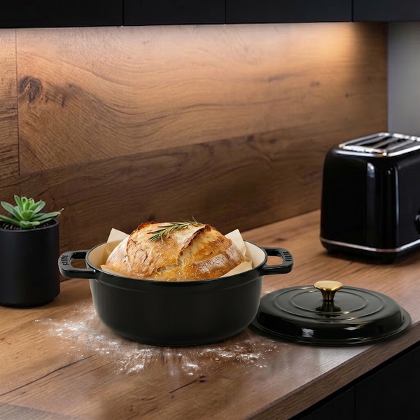Wudy Kitchen — 6QT Cast Iron Dutch Oven With Lid - Black Enamel Cooking Pot For Stovetop, Oven, Camping - Includes 2 Silicone Heat-Resistant Gloves