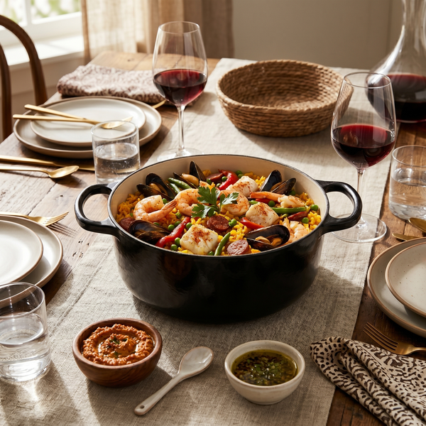 Wudy Kitchen — 6QT Cast Iron Dutch Oven With Lid - Black Enamel Cooking Pot For Stovetop, Oven, Camping - Includes 2 Silicone Heat-Resistant Gloves