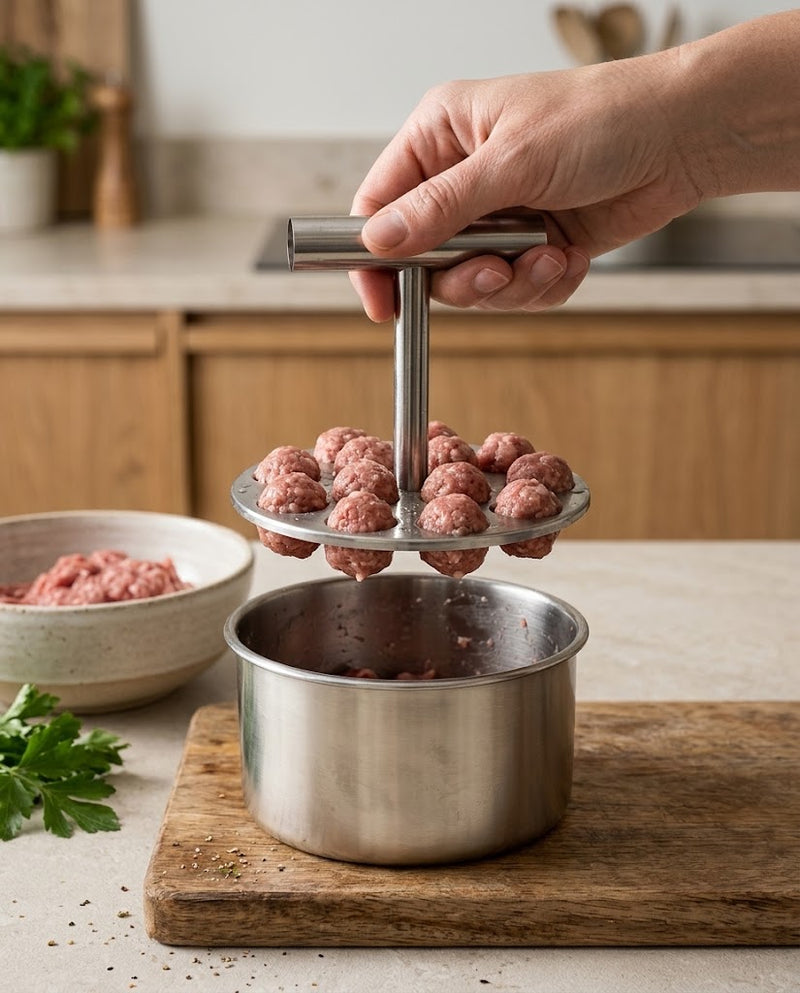 Press the disc, lift it out: twelve meatballs ready for the pan