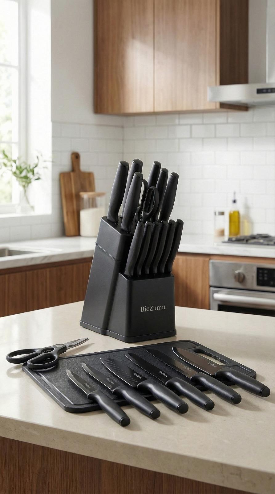Wudy 16-piece knife set — complete culinary collection with self-sharpening block and cutting board